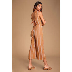 Lulus Alava Camel Striped Sleeveless Tie-back Culotte Jumpsuit Brown - Size S
